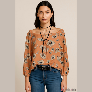 Haute Monde Orange Floral Blouse with 3/4 Sleeves